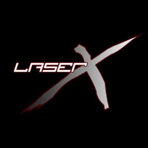 "Stylized Laser X logo with futuristic white text and metallic silver X on a black background."