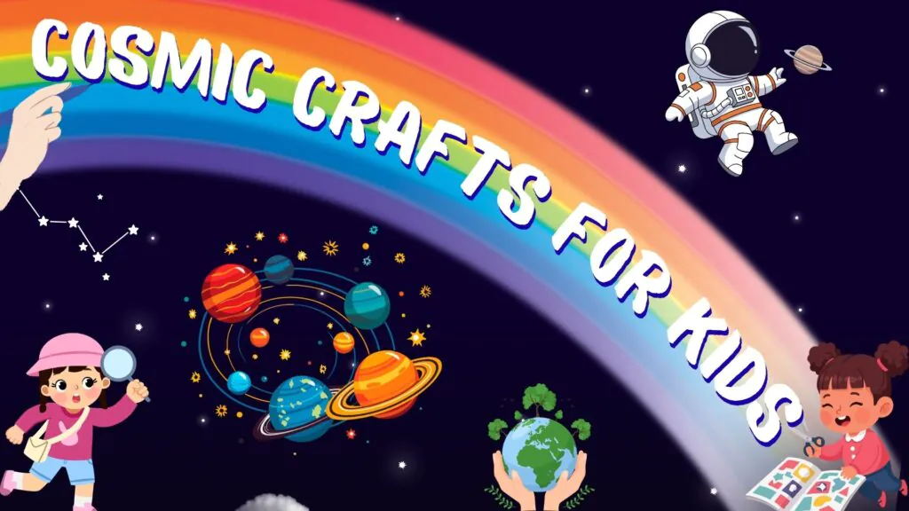 A cosmic-themed image with a rainbow, solar system, and cartoon children engaging in activities under the text "COSMIC CRAFTS FOR KIDS."
