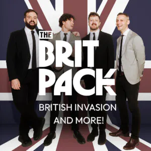 Four men stand in front of a British flag backdrop with the text "THE BRIT PACK" at the bottom.