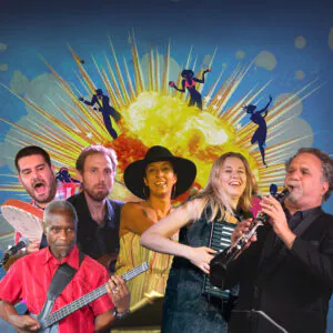 A diverse group of musicians playing instruments against a colorful, abstract background.