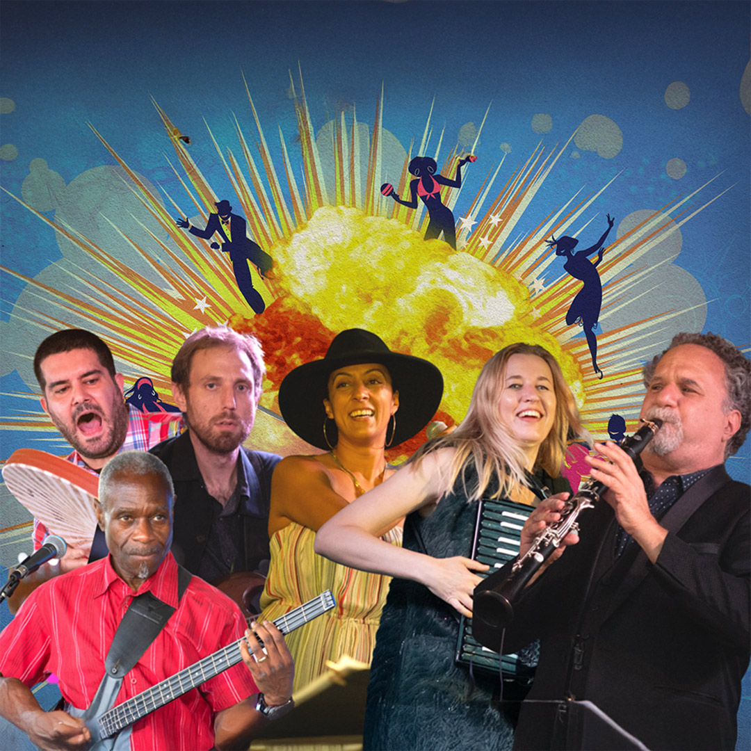 A diverse group of musicians playing instruments against a colorful, abstract background.