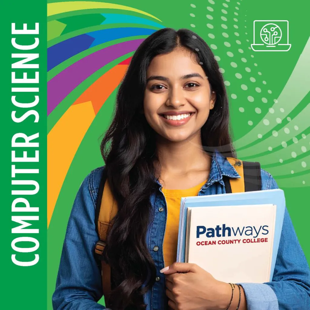 Computer Science with student holding an Ocean County College pathways pad