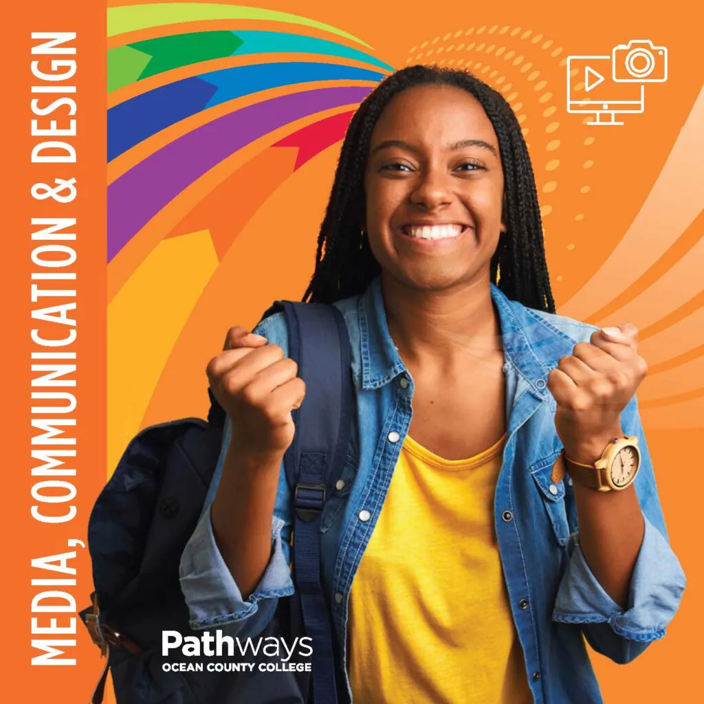 Media, Communication, and Design with a student holding a backpack and the words Ocean County College pathways 