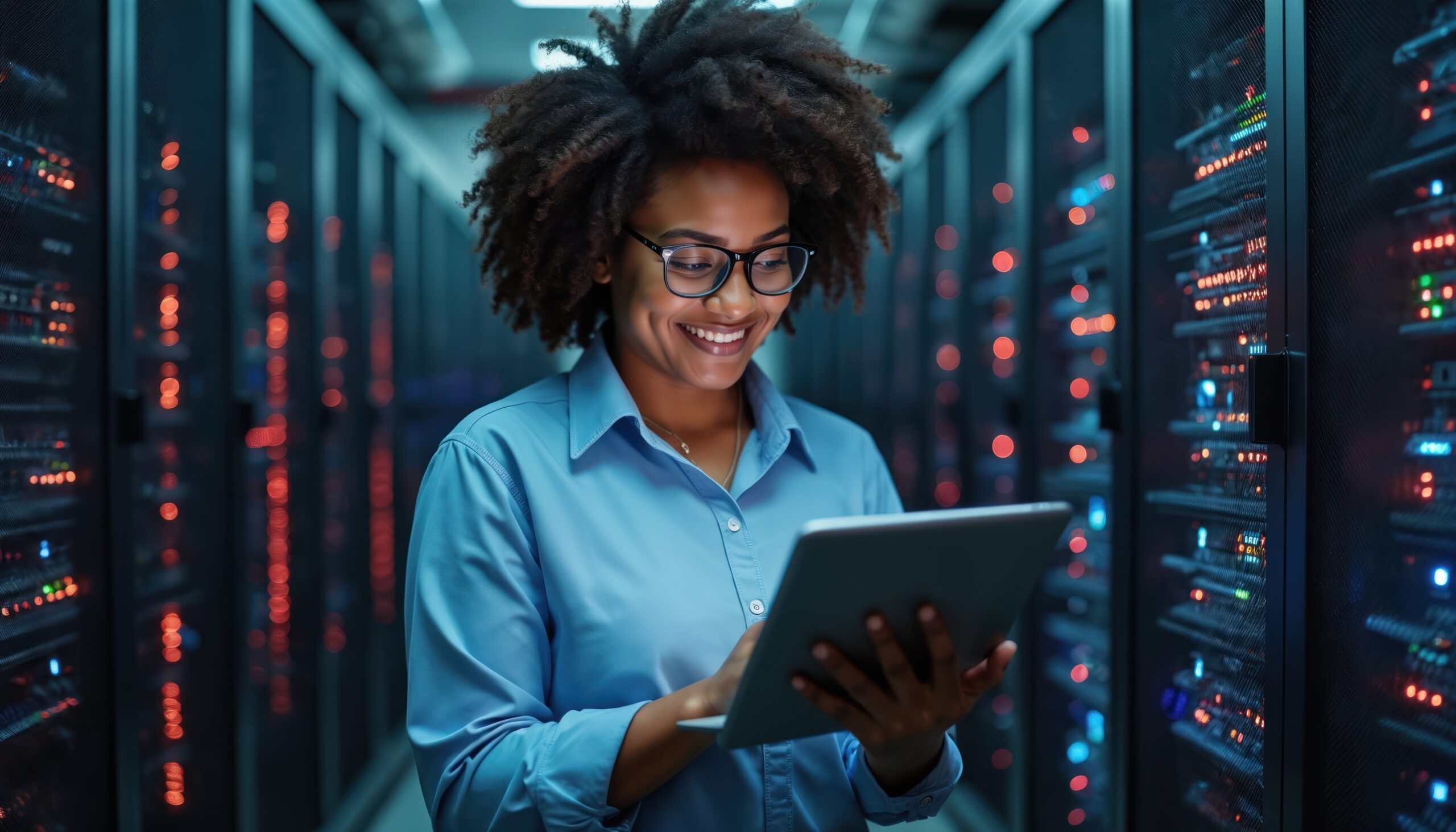 A smiling student stands holding a tablet with servers in the background