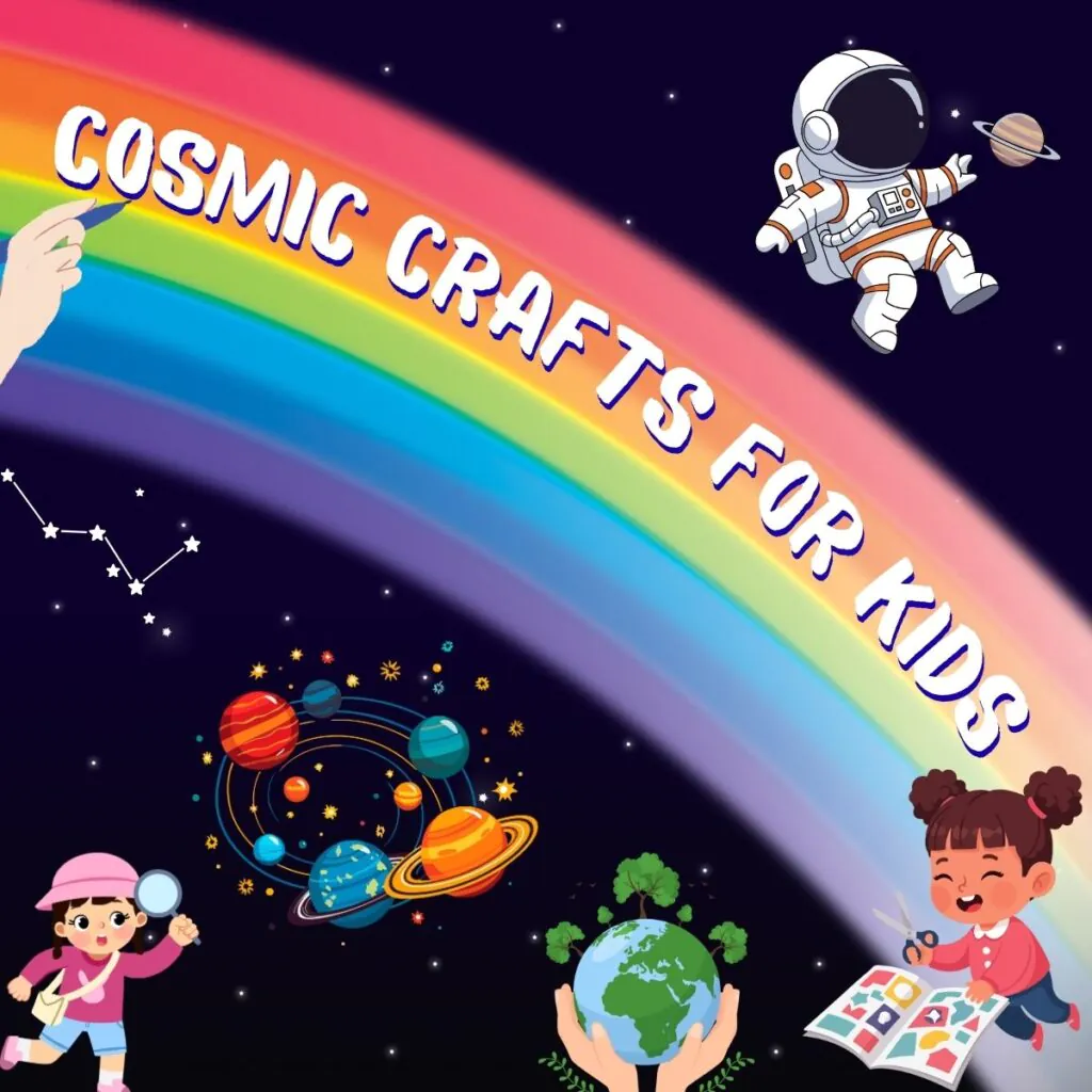 Space-themed scene with "COSMIC CRAFTS FOR KIDS" on a rainbow, featuring an astronaut, children crafting, and a stylized solar system.