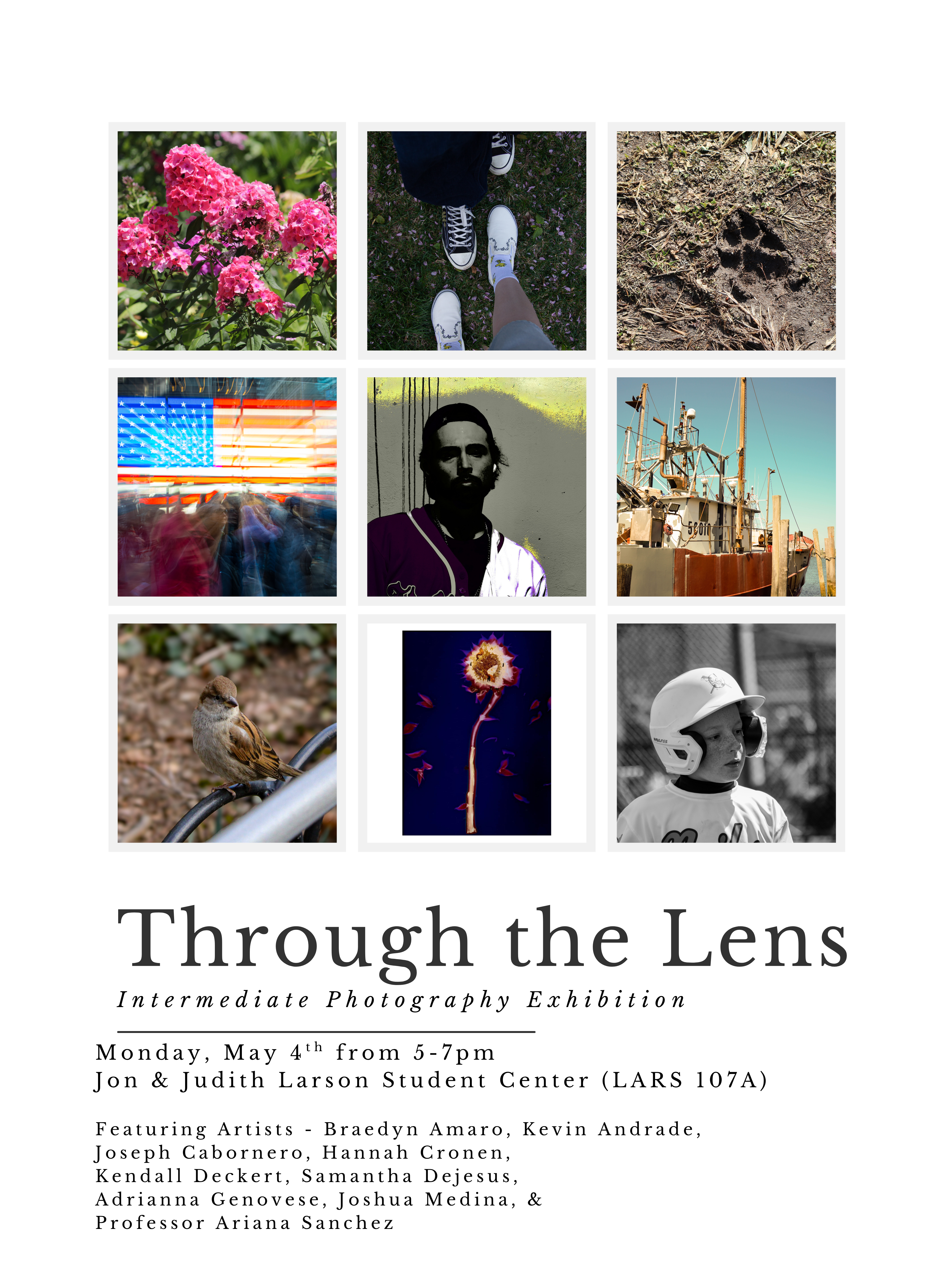 Through The Lens Intermediate Photography Student Exhibit flyer with photographs in a grid pattern