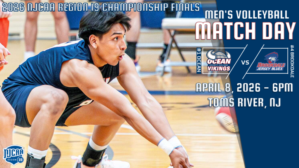 #1 Ocean County College Men’s Volleyball hosts #4 Brookdale Community College today at 6:00 p.m. in the final round of the 2026 NJCAA Region 19 District A D-III Men’s Volleyball Championship tournament!