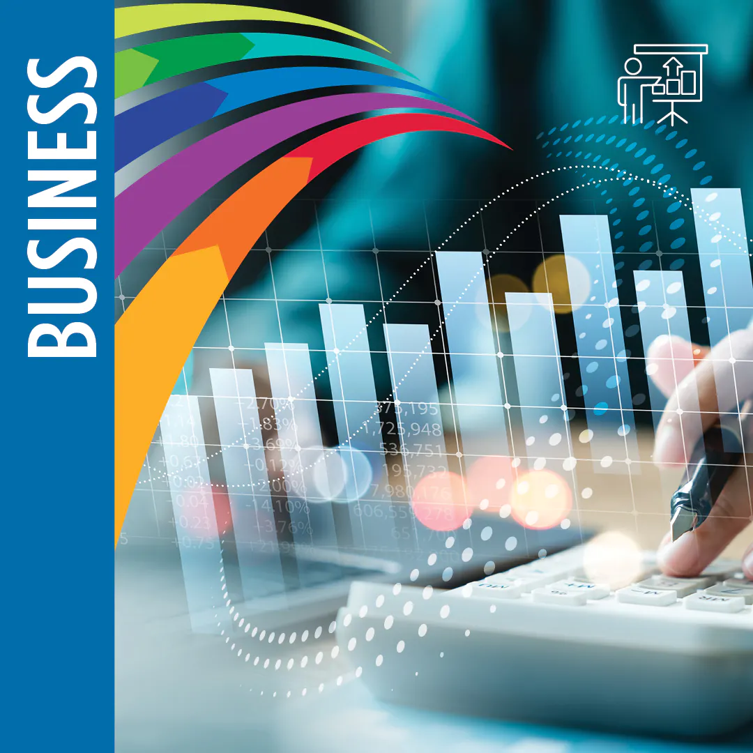 Business with a student holding books that have Ocean County College pathways written on the front