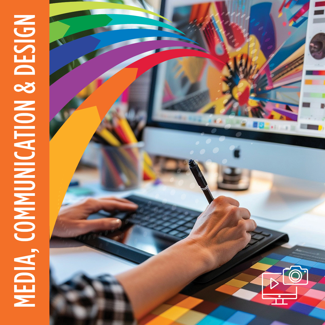 Media, Communication, and Design with a student holding a backpack and the words Ocean County College pathways 