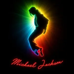 Silhouette of a dancer with neon outlines and the text "Michael Jackson" in neon script below.