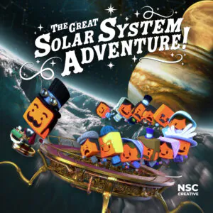 Cartoon characters on a golden flying vessel in space with the title "The Great Solar System Adventure!"