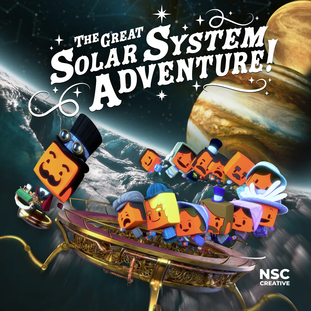 Cartoon characters on a golden flying vessel in space with the title "The Great Solar System Adventure!"
