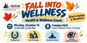 Fall Into Wellness banner for OCC Counseling featuring a petting zoo, chair massages, breathing exercises, crafts, and wellness activities.