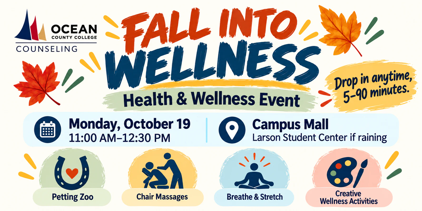 Fall Into Wellness banner for OCC Counseling featuring a petting zoo, chair massages, breathing exercises, crafts, and wellness activities.