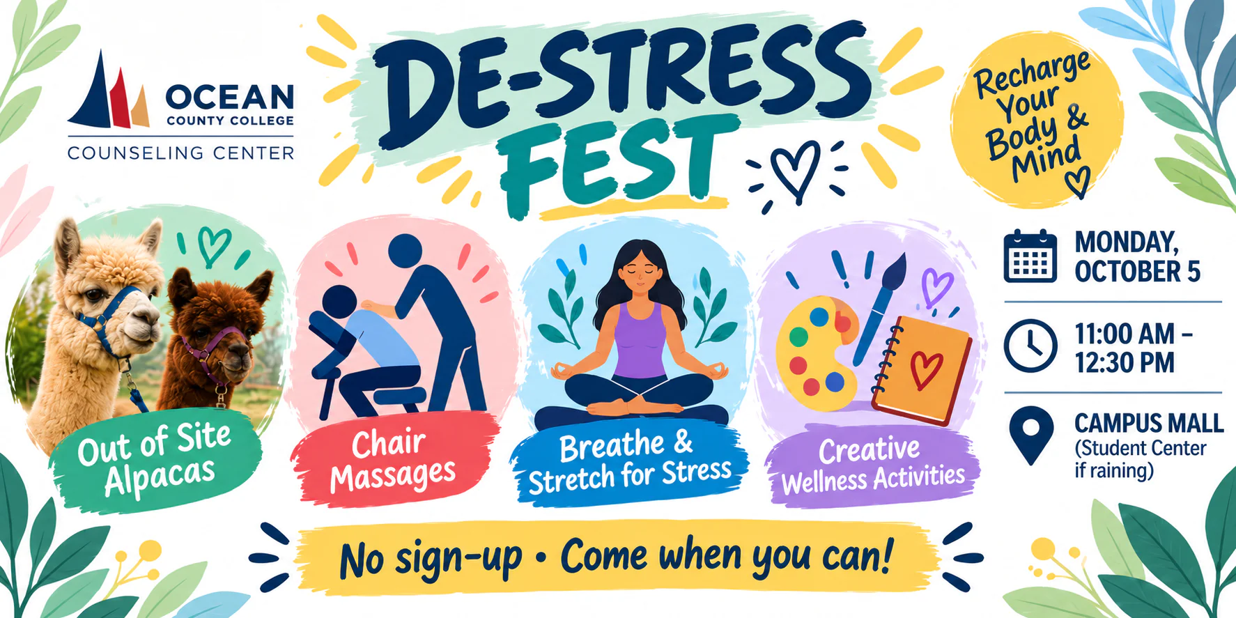 Colorful De-Stress Fest flyer featuring alpacas and wellness activities. Event is Monday, October 5 from 11:00 AM–12:30 PM on the Campus Mall, with the Student Center as the rain location.