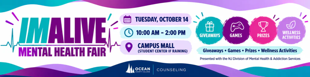 Colorful IMALIVE Mental Health Fair banner for Oct. 14, 10 AM-2 PM at Campus Mall. Games, prizes, wellness activities, resources. Rain site: Student Center.
