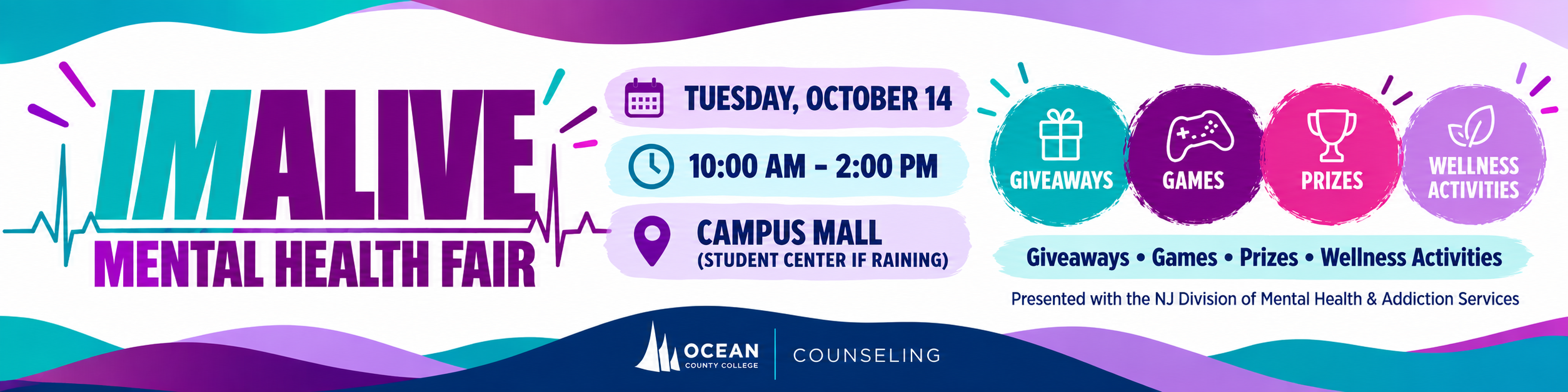 Colorful IMALIVE Mental Health Fair banner for Oct. 14, 10 AM-2 PM at Campus Mall. Games, prizes, wellness activities, resources. Rain site: Student Center.