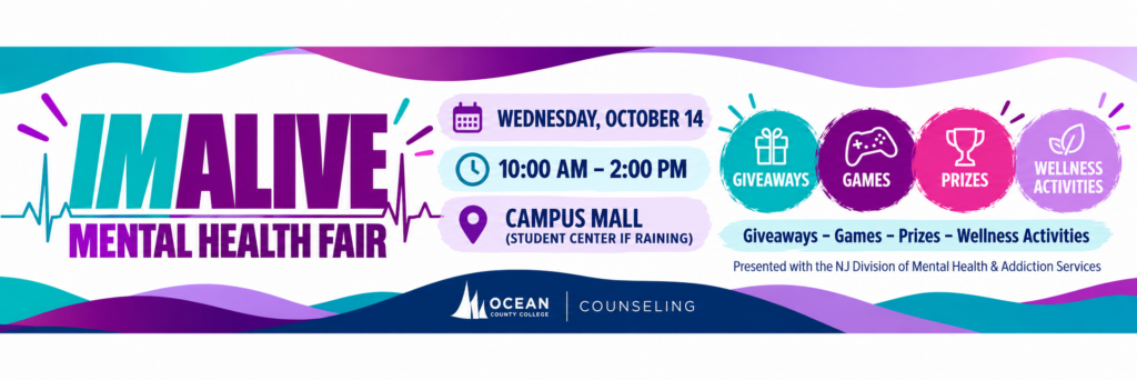 IMALIVE Mental Health Fair on October 14 from 10:00 AM-2:00 PM at the Campus Mall, featuring giveaways, games, prizes, wellness activities, and mental health and addiction resources.
