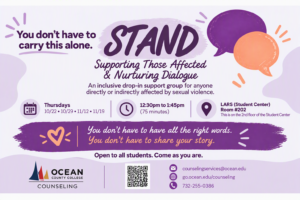 Banner promoting STAND support group with dates, time, location, QR code, and message: “You don't have to carry this alone.” Open to all students.